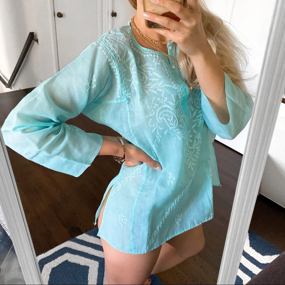 🐚 AQUA BLUE WHITE EMBROIDERED BEACH COVERUP! - Picture 6 of 13